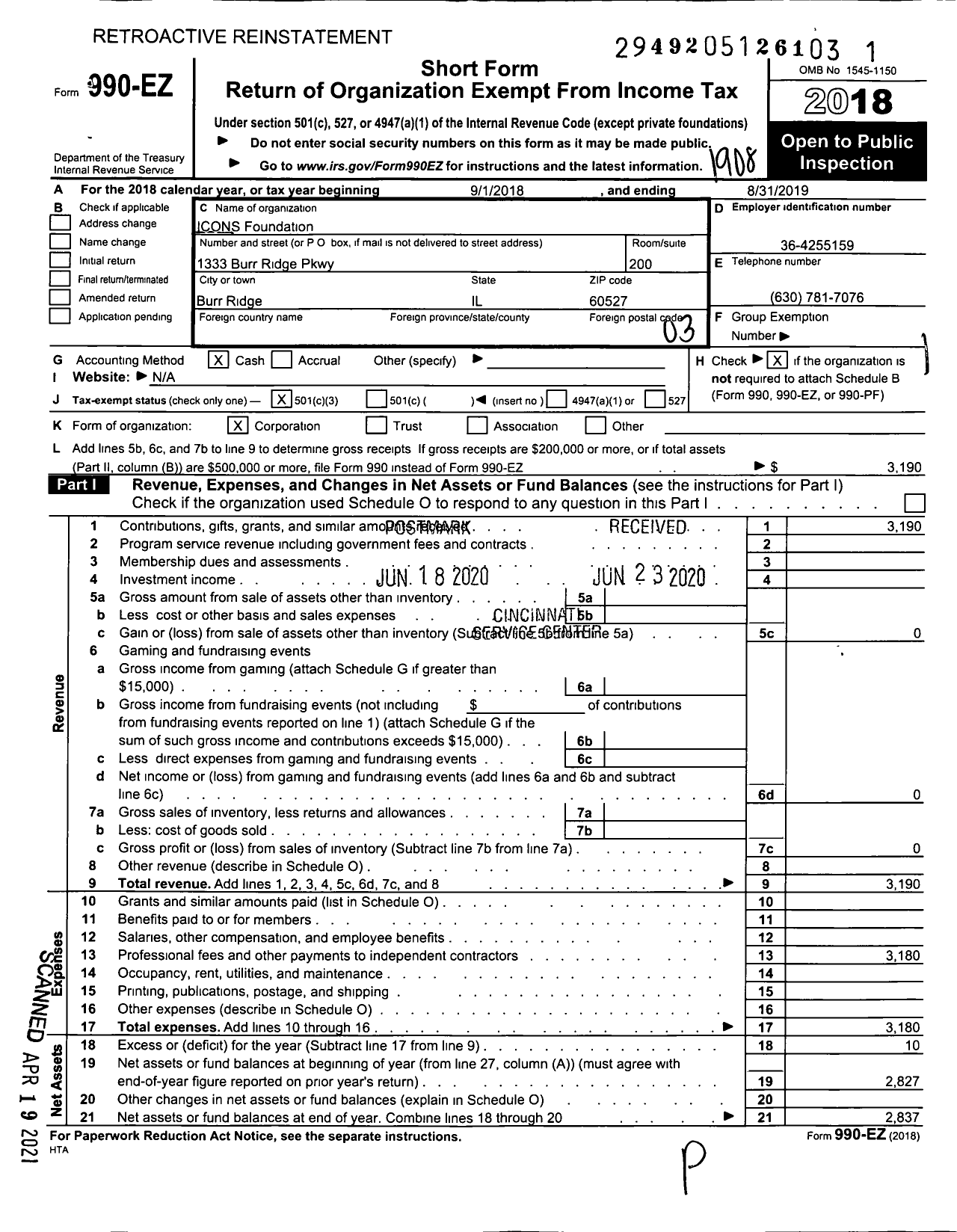 Image of first page of 2018 Form 990EZ for Icons Foundation