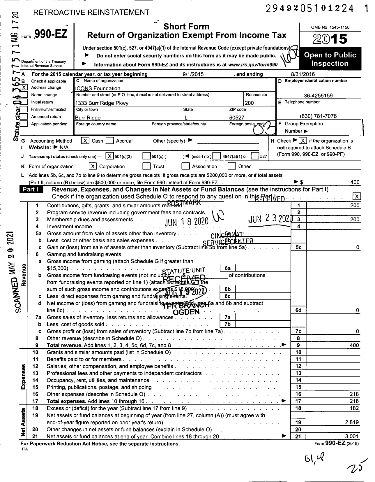 Image of first page of 2015 Form 990EZ for Icons Foundation