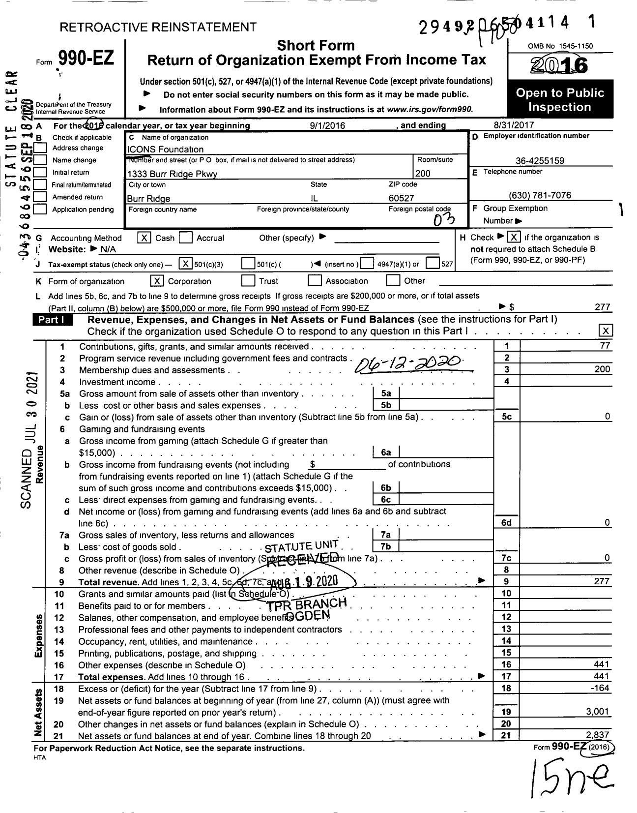 Image of first page of 2016 Form 990EZ for Icons Foundation