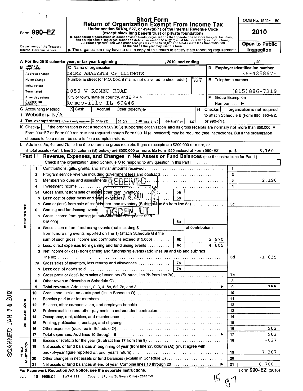 Image of first page of 2010 Form 990EZ for Crime Analysts Association of Illinois