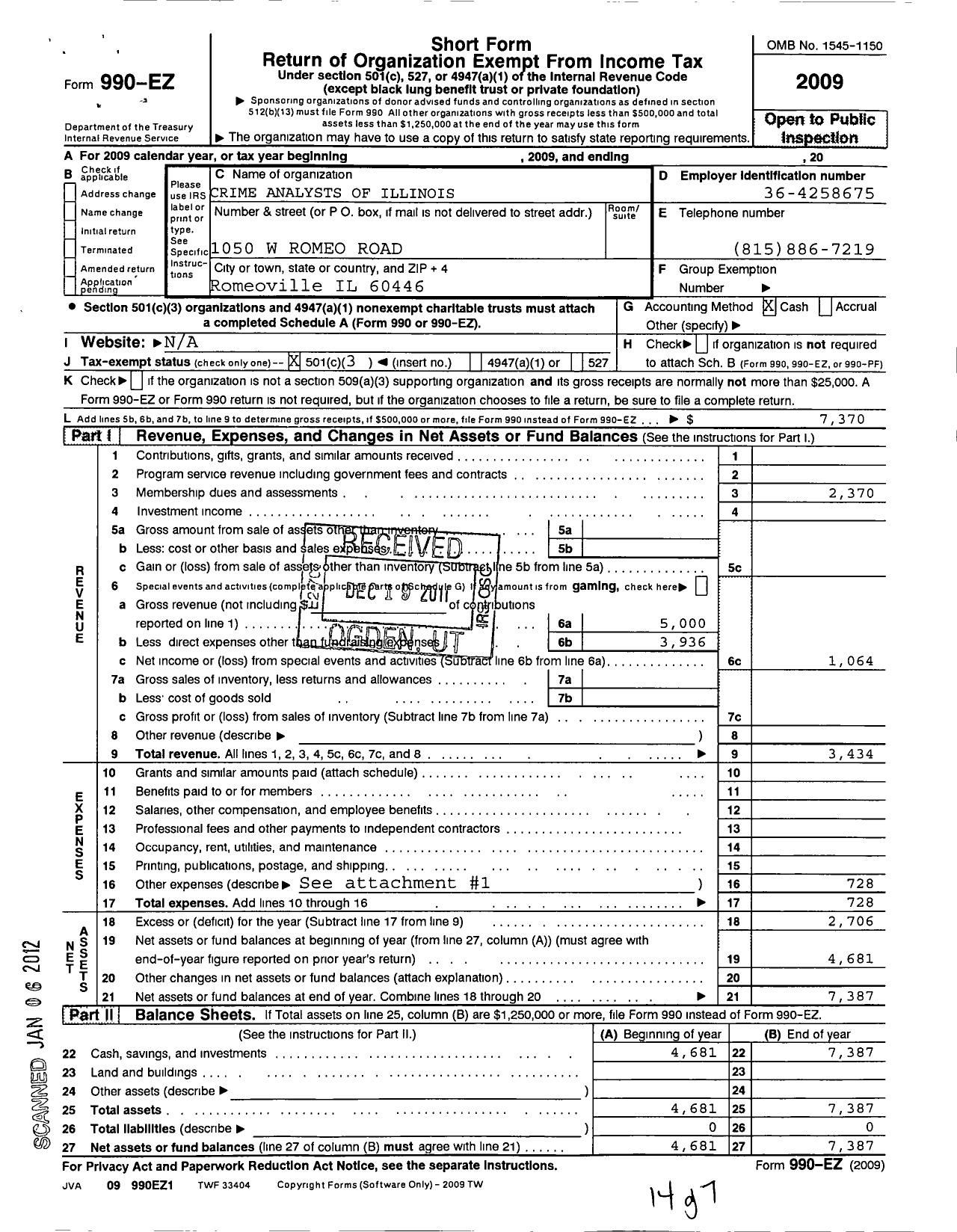 Image of first page of 2009 Form 990EZ for Crime Analysts Association of Illinois