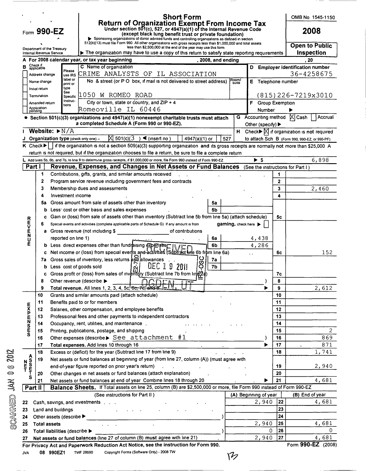 Image of first page of 2008 Form 990EZ for Crime Analysts Association of Illinois