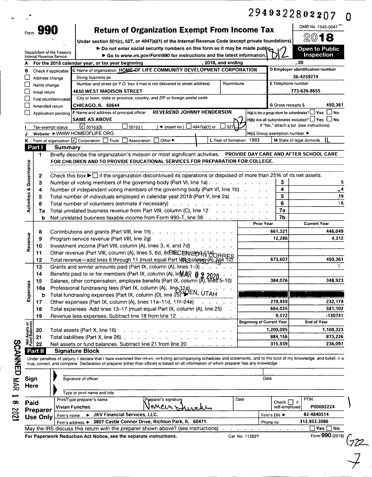 Image of first page of 2018 Form 990 for Home of Life Community Development Corporation