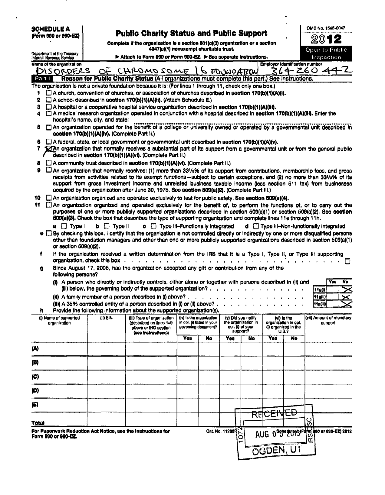 Image of first page of 2012 Form 990ER for Disorders of Chromosome 16 Foundation