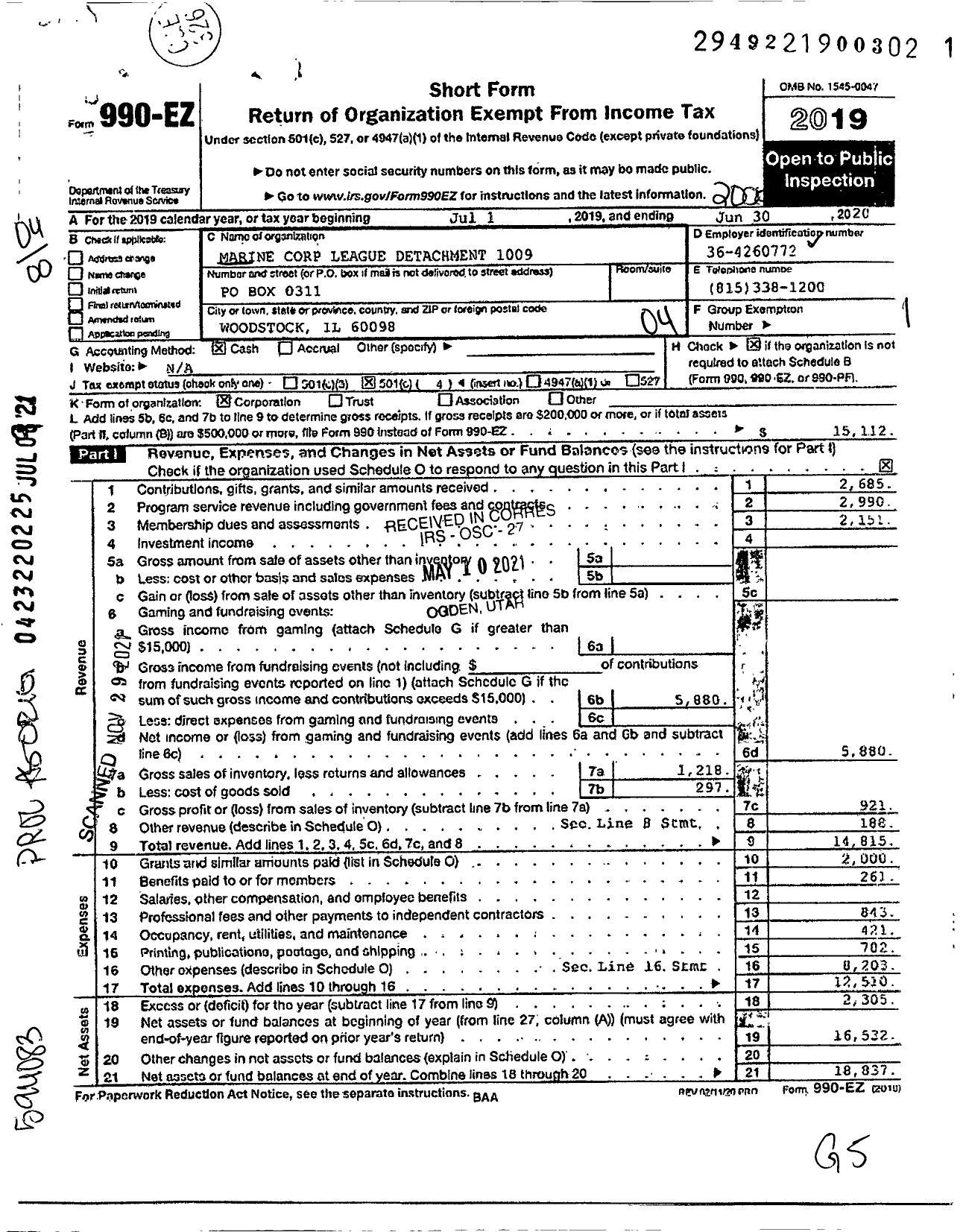 Image of first page of 2019 Form 990EO for MARINE Corps LEAGUE - 1009 MC Henry COUNTY DETACHMENT MCL