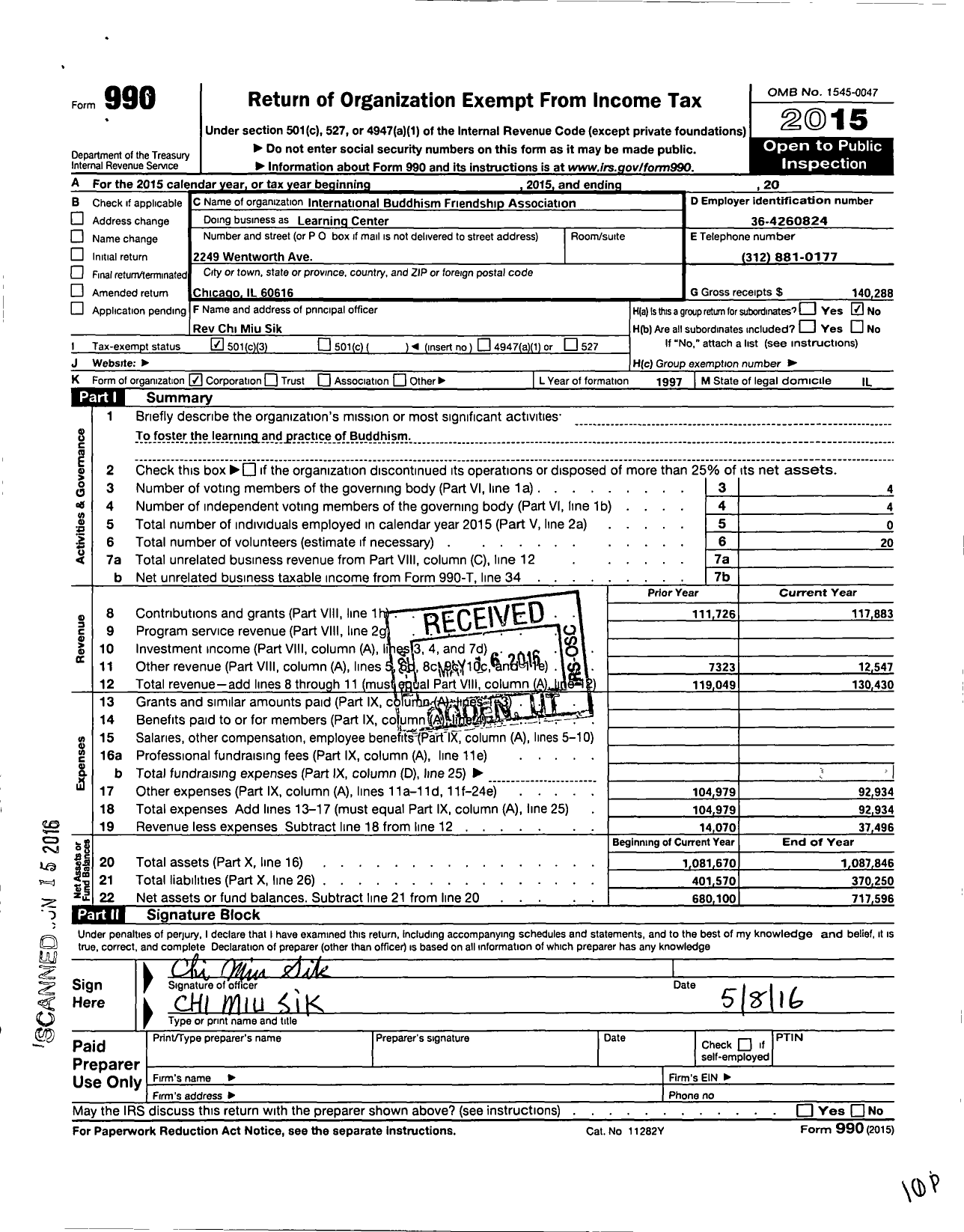 Image of first page of 2015 Form 990 for International Buddhism Friendship Association