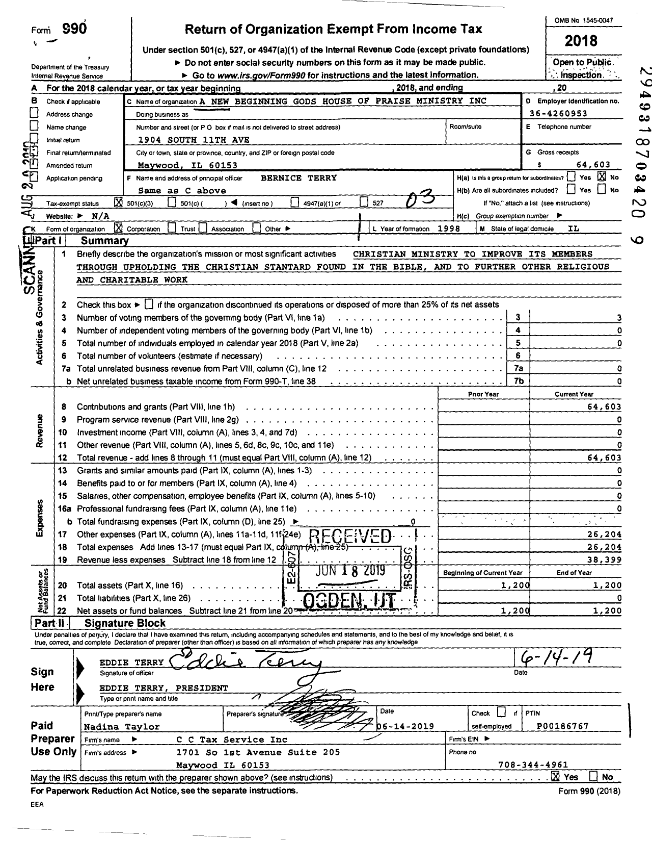 Image of first page of 2018 Form 990 for A New Beginning Gods House of Praise Ministry