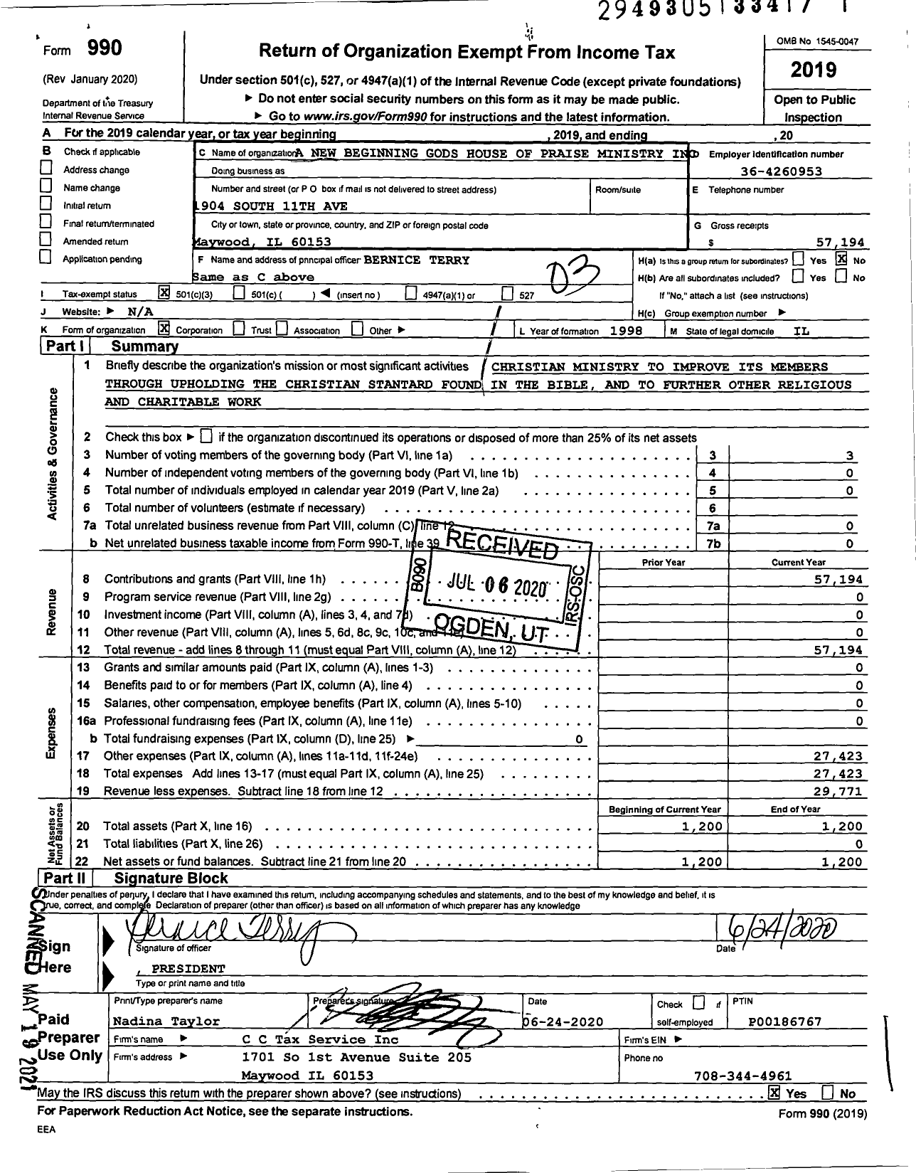 Image of first page of 2019 Form 990 for A New Beginning Gods House of Praise Ministry