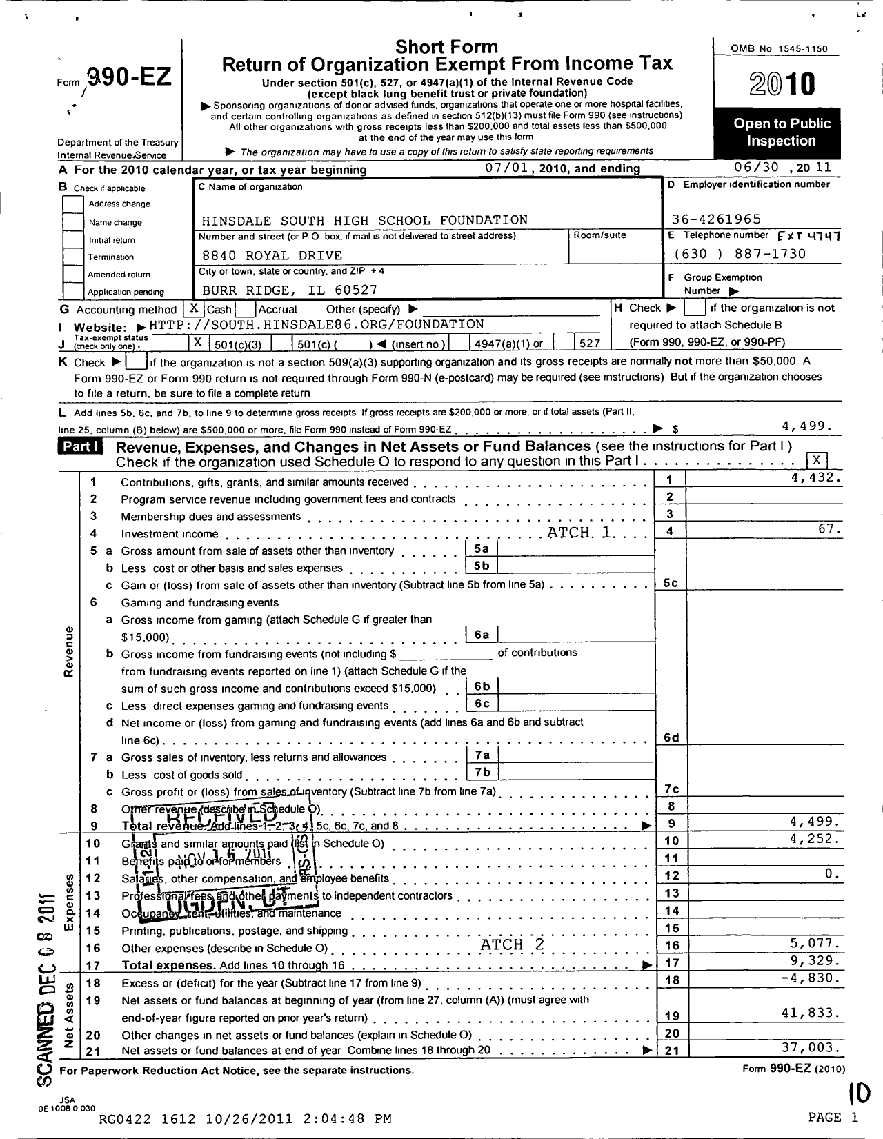 Image of first page of 2010 Form 990EZ for Hinsdale South High School Foundation