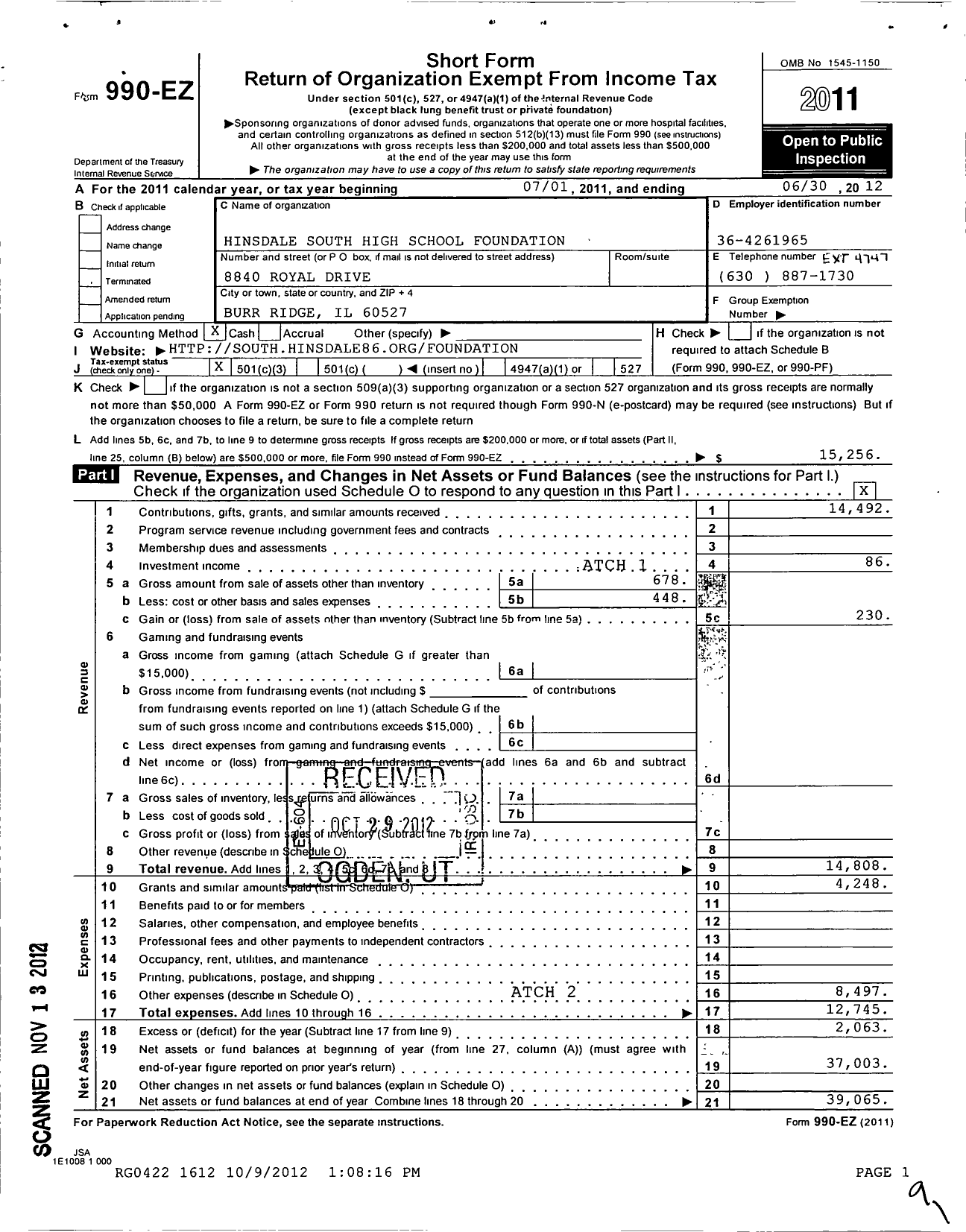 Image of first page of 2011 Form 990EZ for Hinsdale South High School Foundation