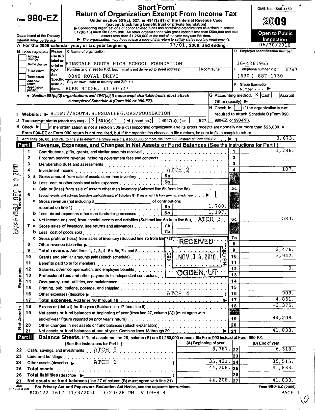 Image of first page of 2009 Form 990EZ for Hinsdale South High School Foundation