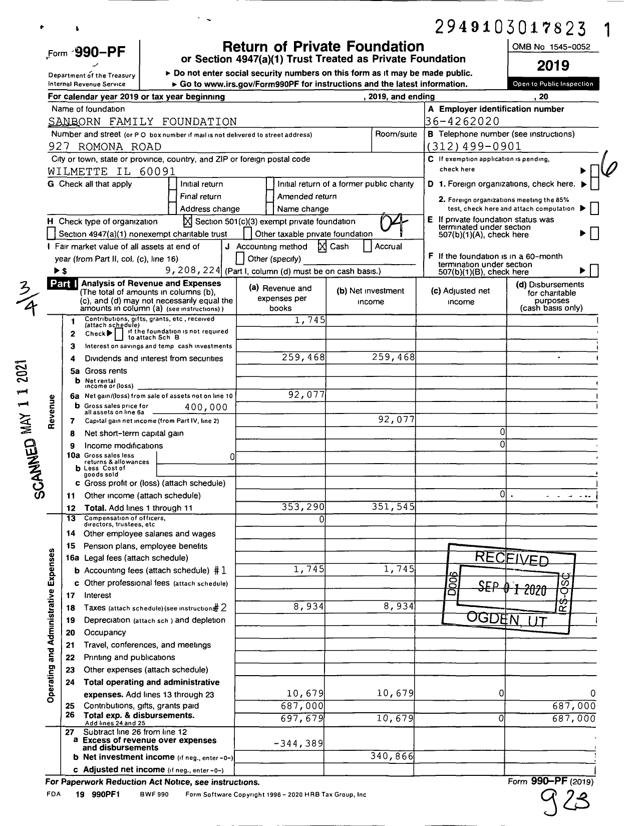 Image of first page of 2019 Form 990PF for Sanborn Family Foundation