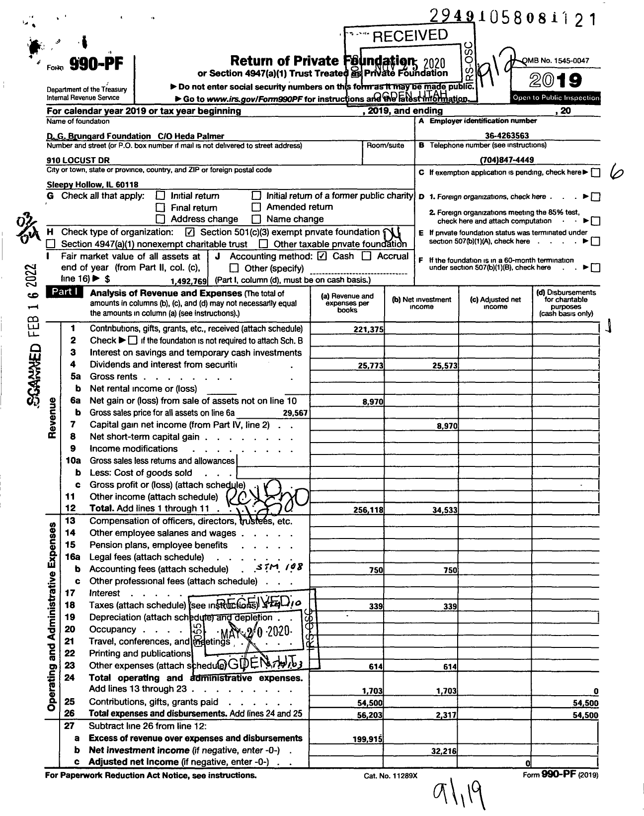 Image of first page of 2019 Form 990PF for D G Brungard Foundation