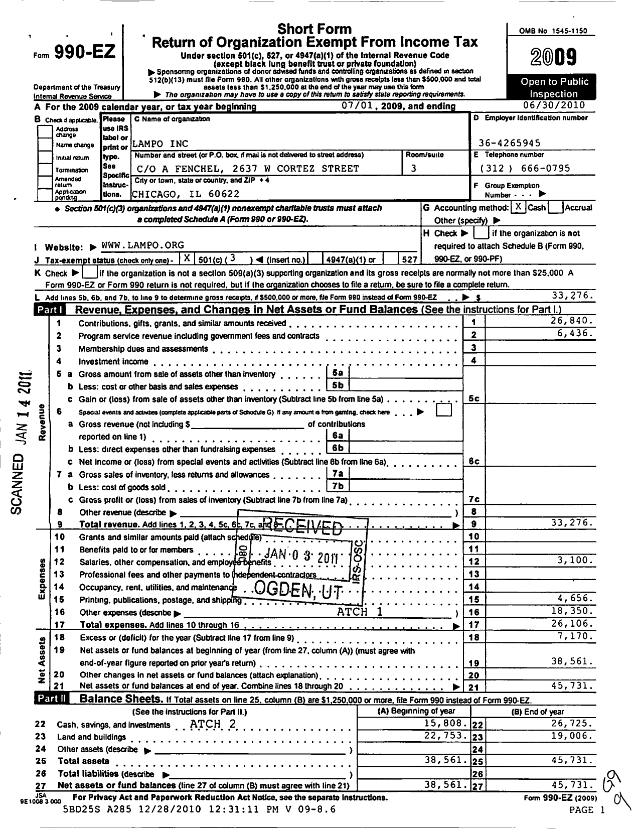 Image of first page of 2009 Form 990EZ for Lampo