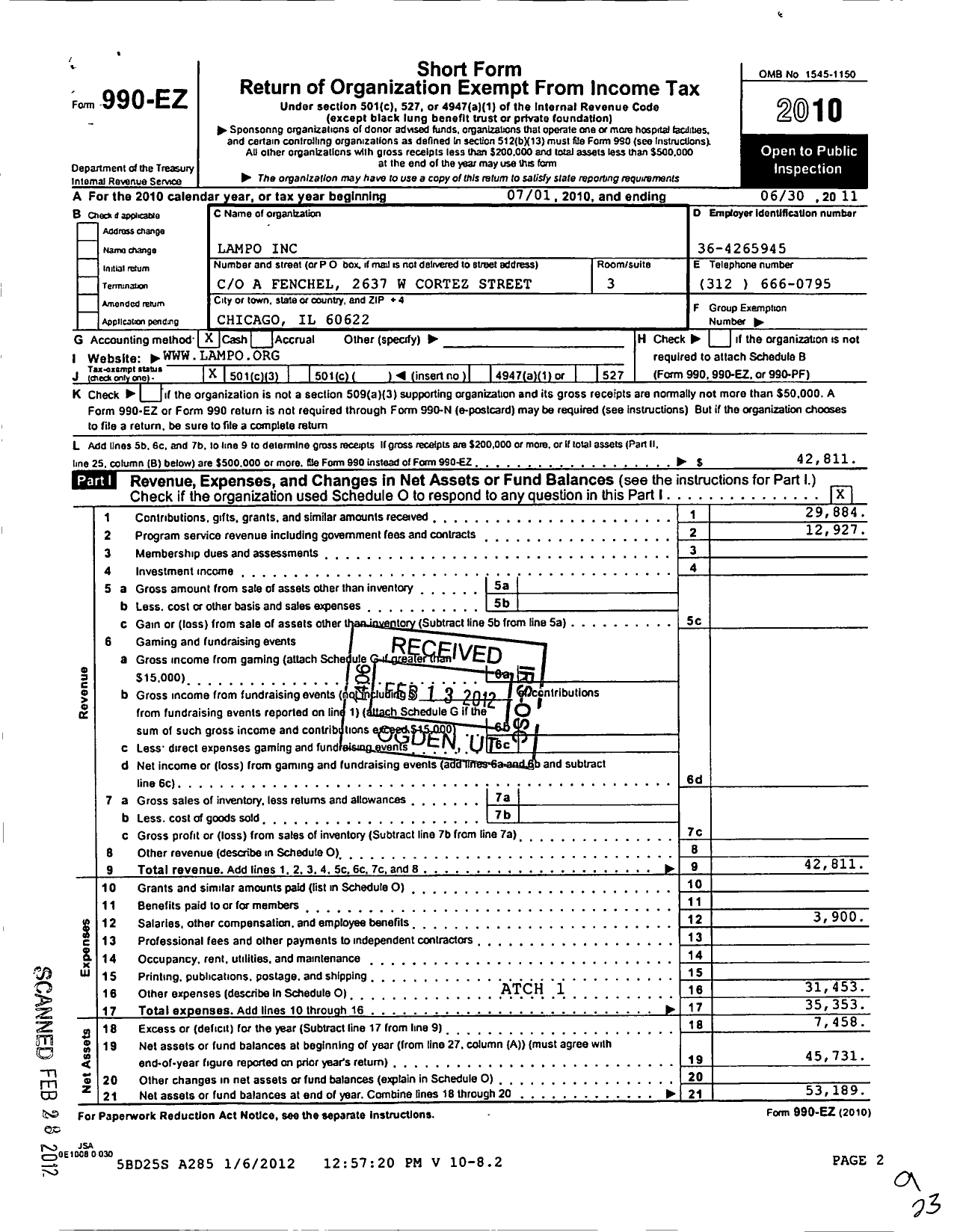 Image of first page of 2010 Form 990EZ for Lampo