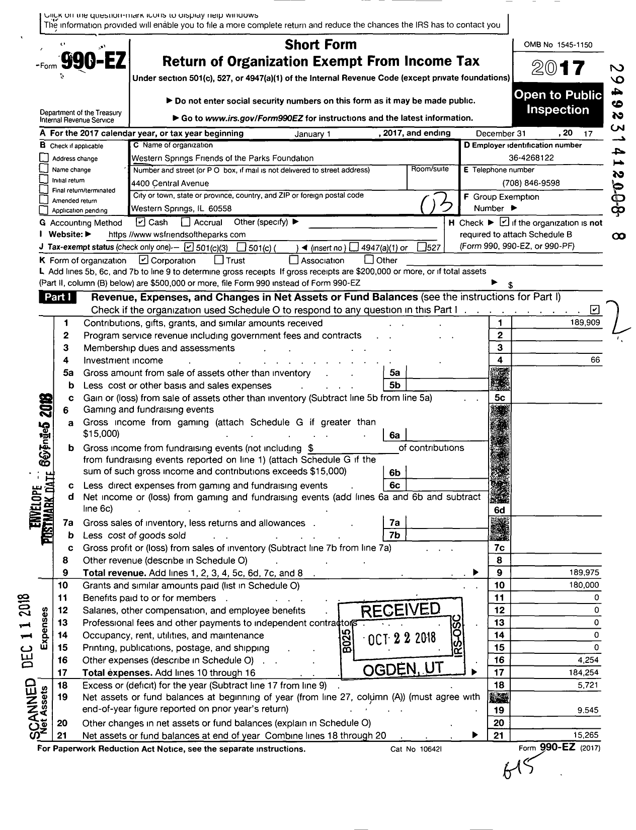 Image of first page of 2017 Form 990EZ for Western Springs Friends of the Parks Foundation