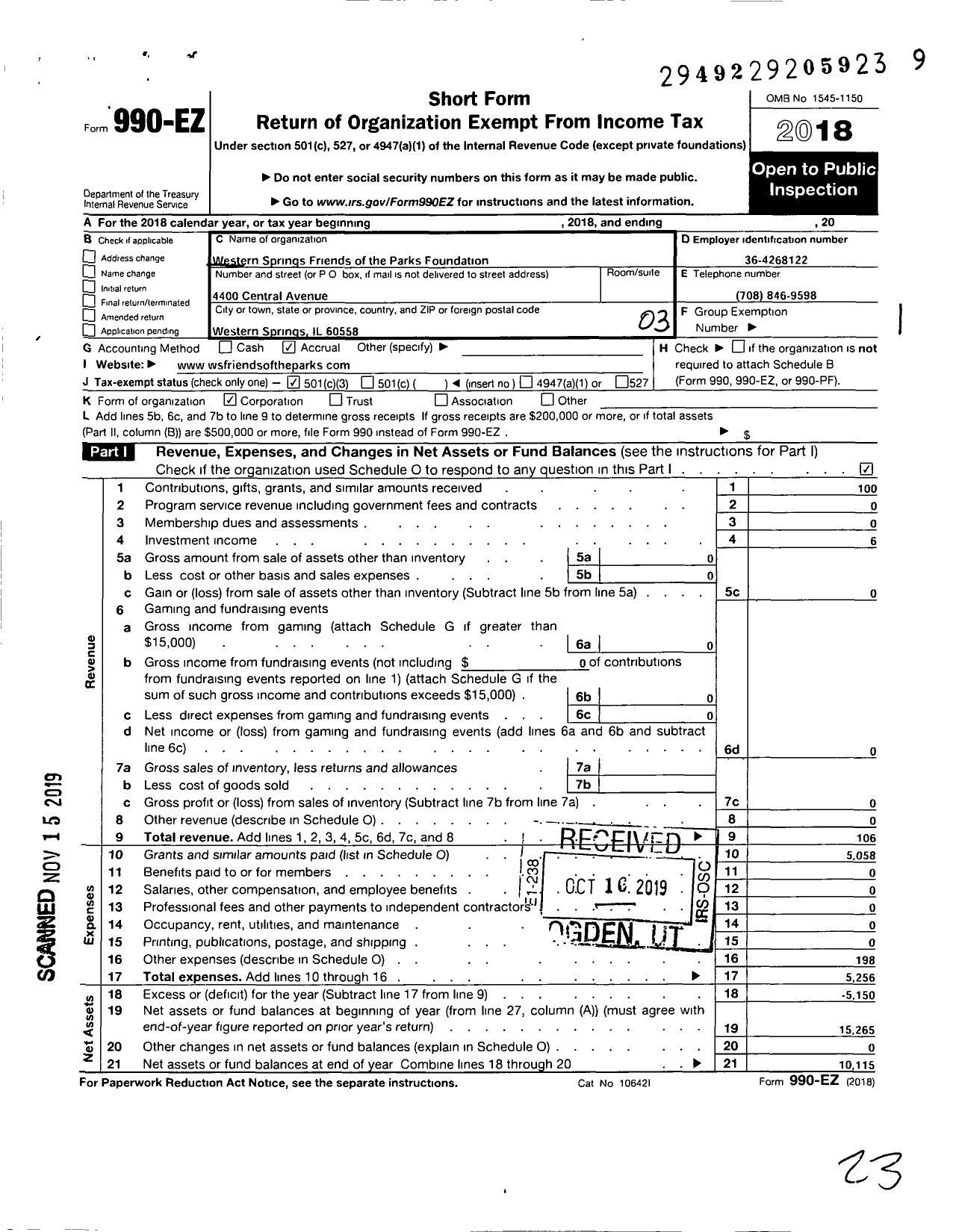 Image of first page of 2018 Form 990EZ for Western Springs Friends of the Parks Foundation