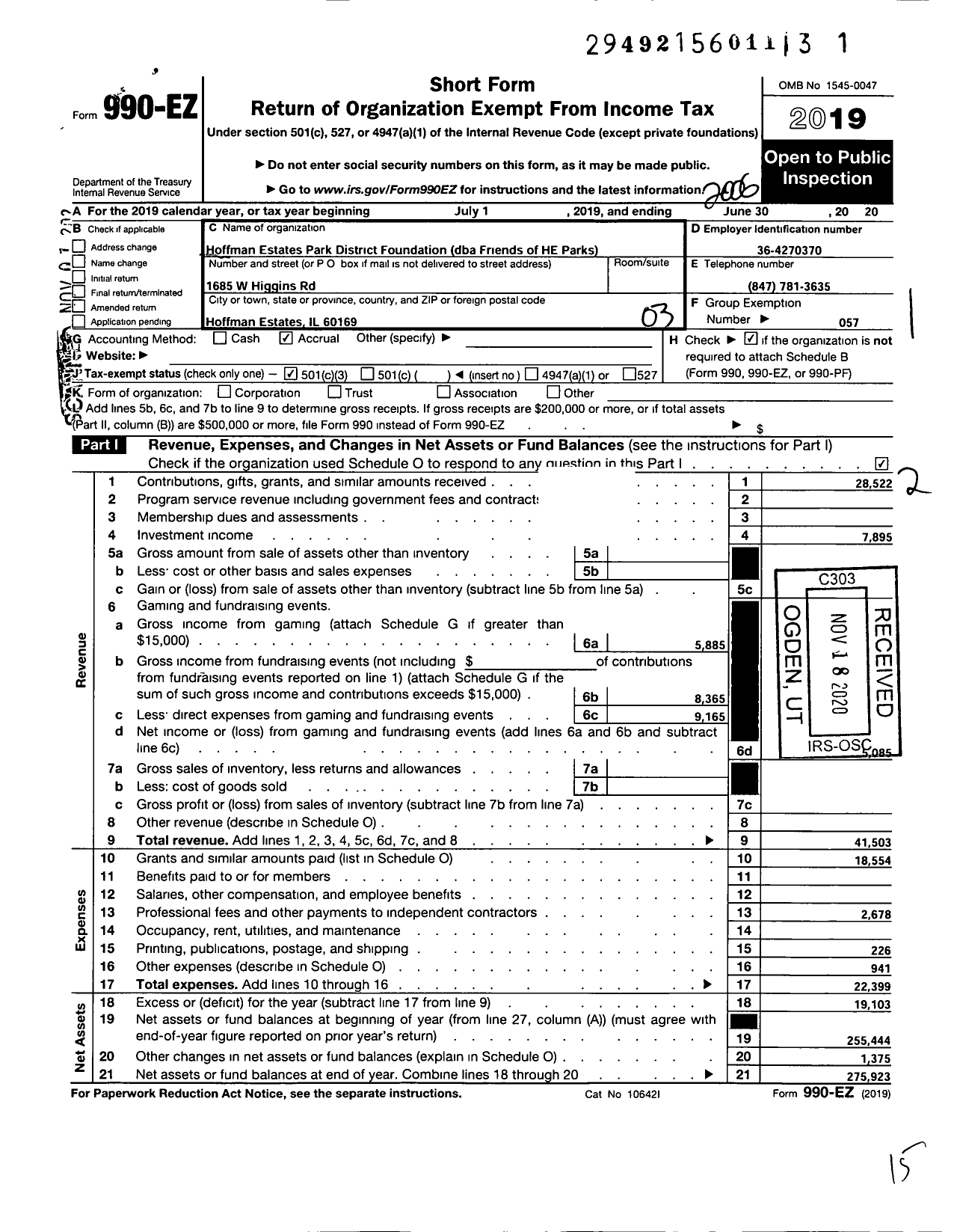 Image of first page of 2019 Form 990EZ for Hoffman Estates Park District Foundation