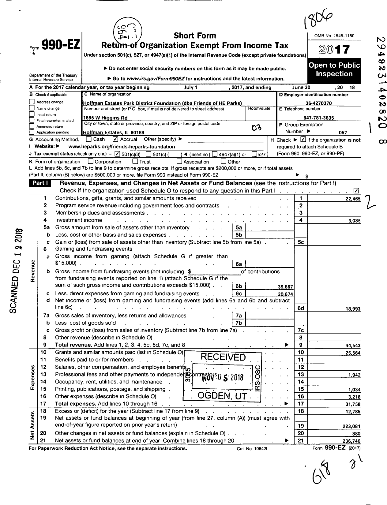 Image of first page of 2017 Form 990EZ for Hoffman Estates Park District Foundation