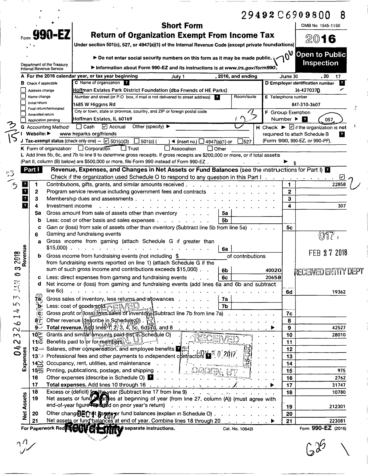 Image of first page of 2016 Form 990EZ for Hoffman Estates Park District Foundation