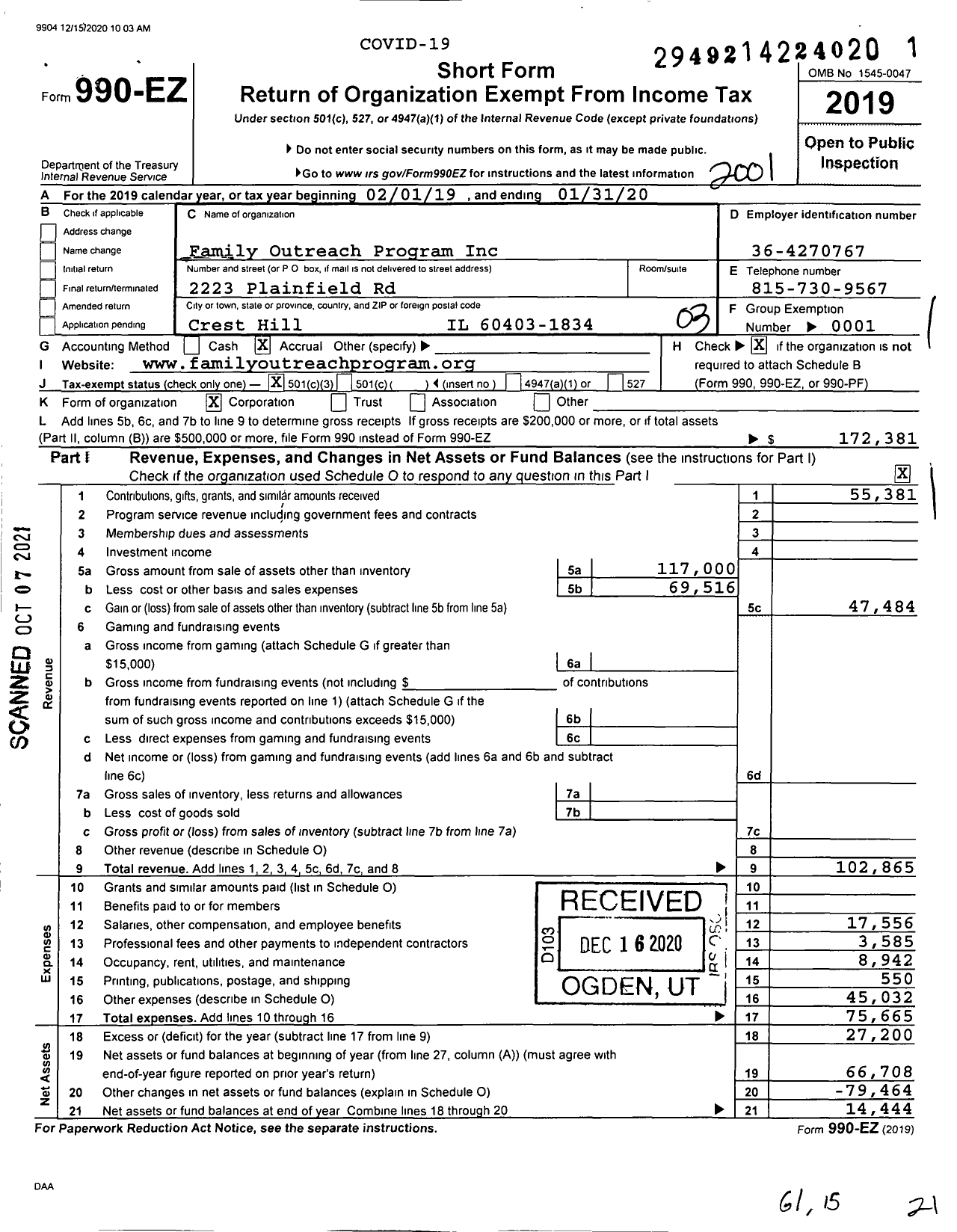 Image of first page of 2019 Form 990EZ for Family Outreach Program