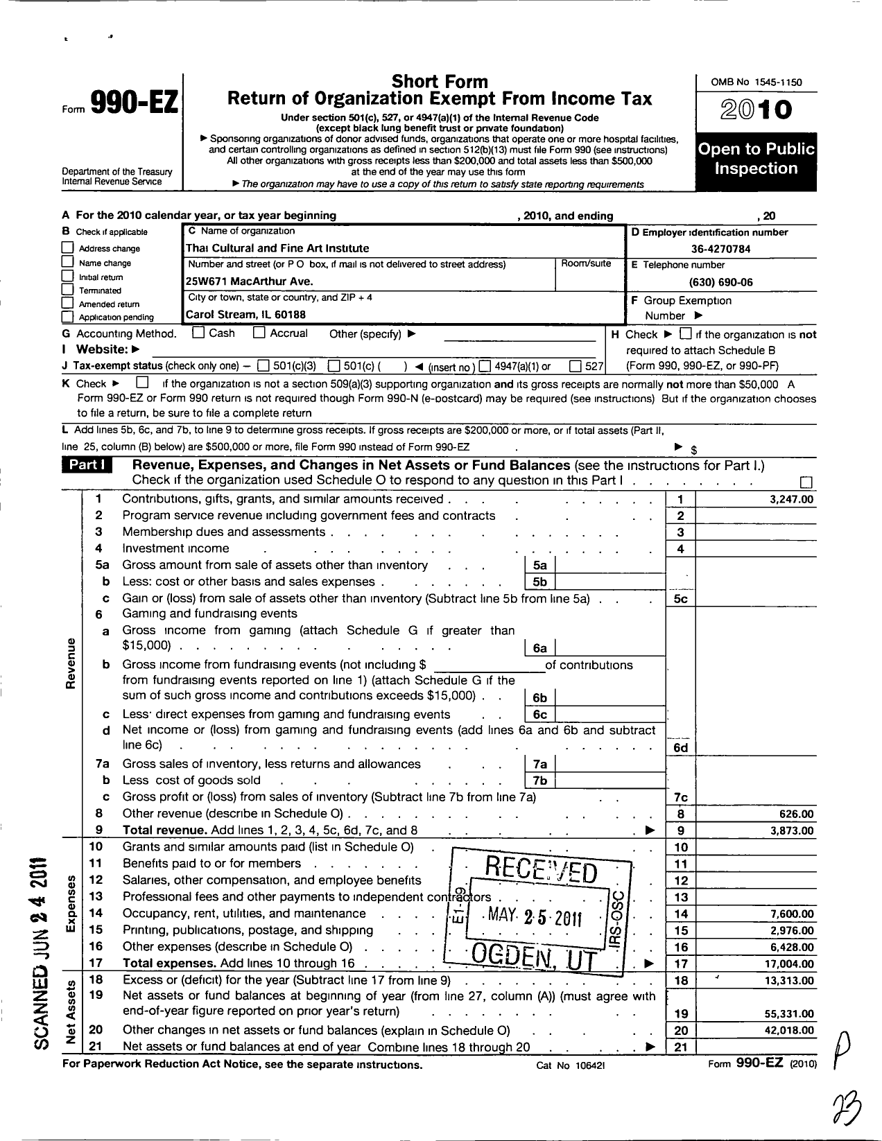 Image of first page of 2010 Form 990EO for Thai Cultural and Fine Arts Institute