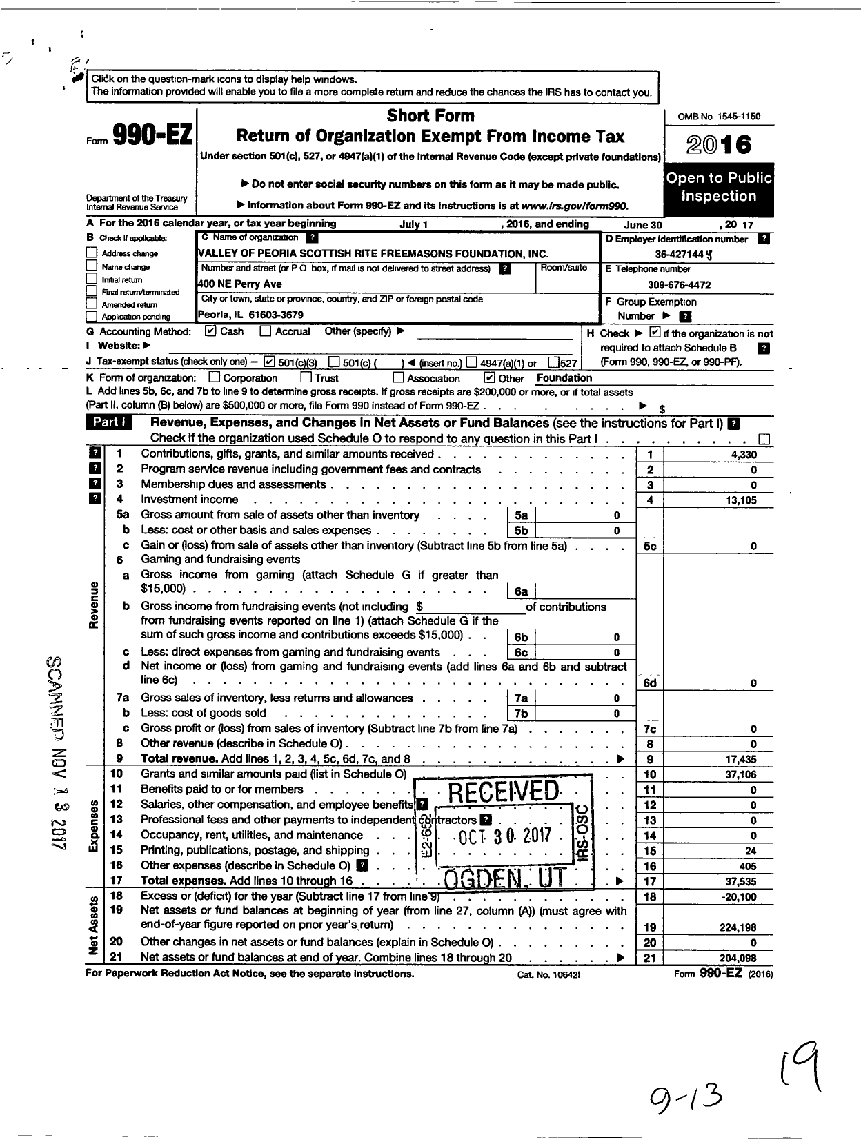 Image of first page of 2016 Form 990EZ for Valley of Peoria Scottish Rite Freemasons Foundation