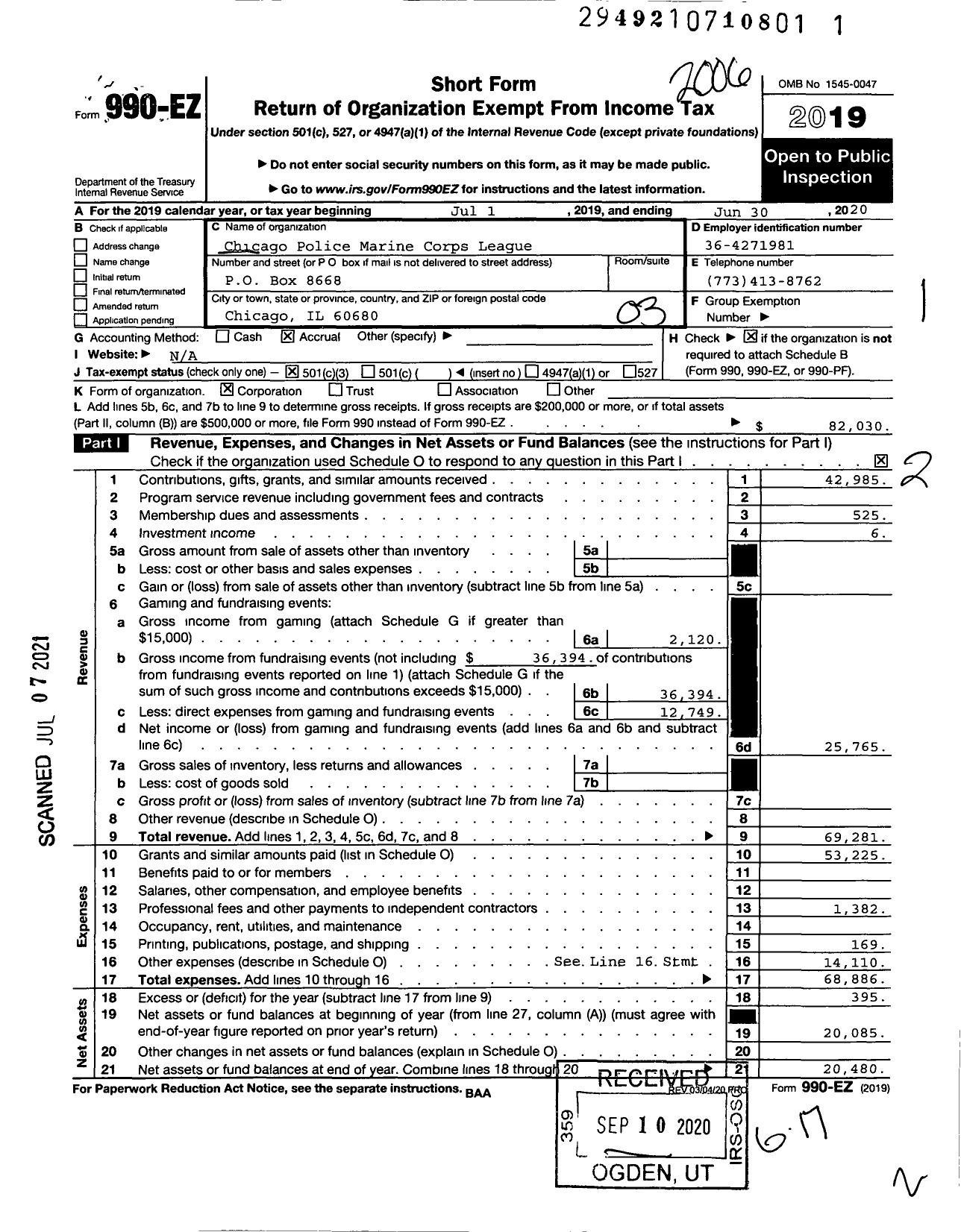 Image of first page of 2019 Form 990EZ for Chicago Police Marine Corps League