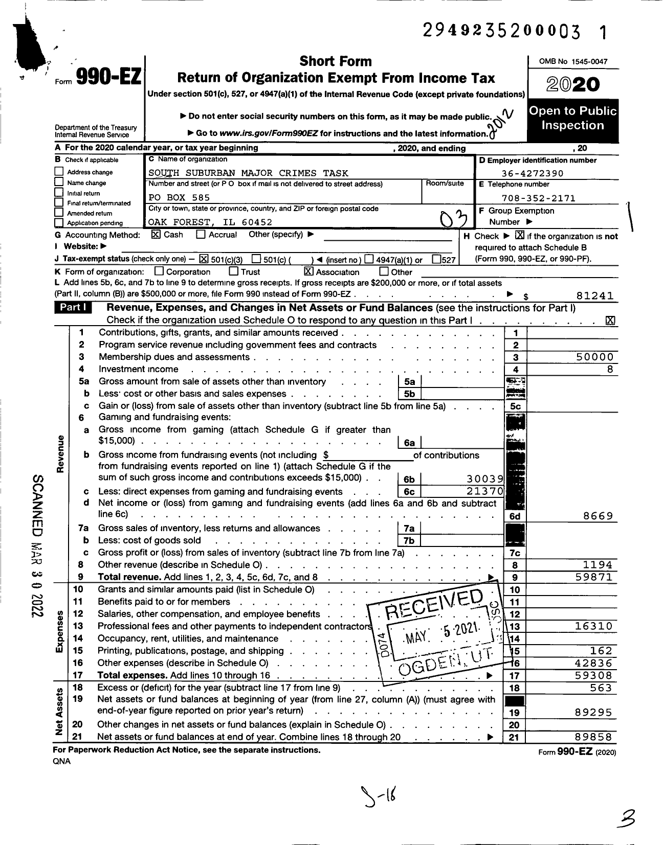 Image of first page of 2020 Form 990EZ for South Suburban Major Crimes Task