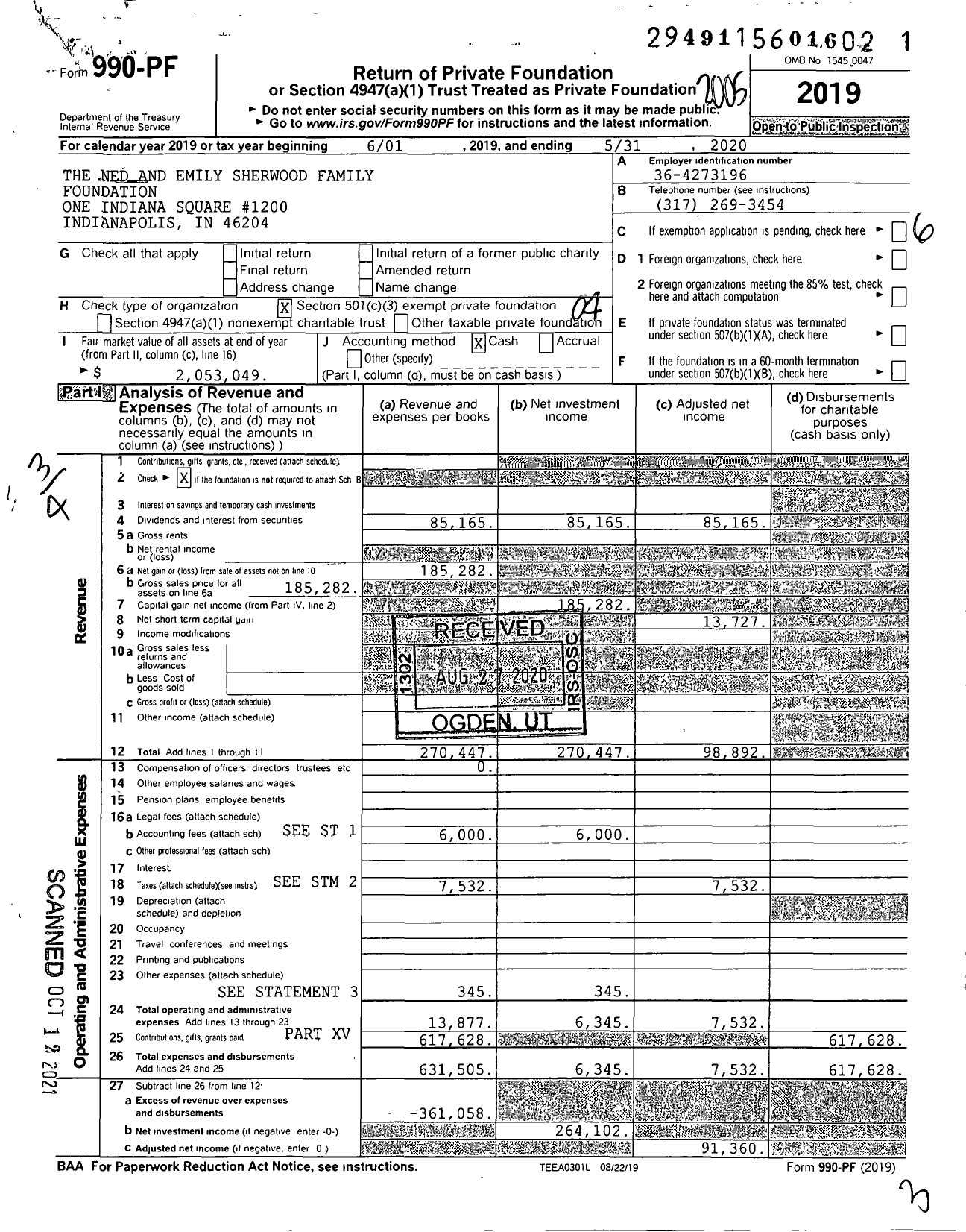 Image of first page of 2019 Form 990PF for The Ned and Emily Sherwood Family Foundation