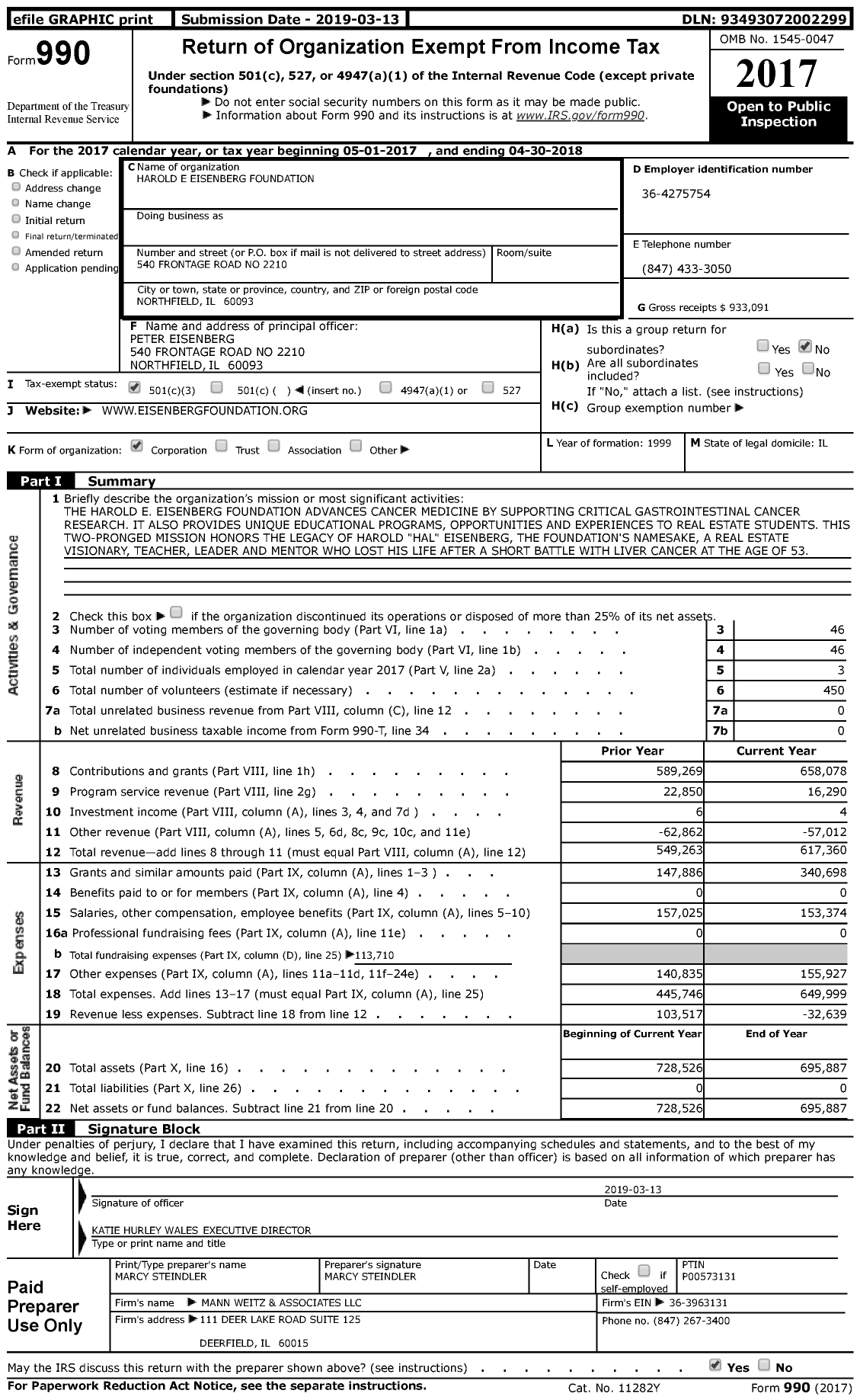Image of first page of 2017 Form 990 for Harold E Eisenberg Foundation