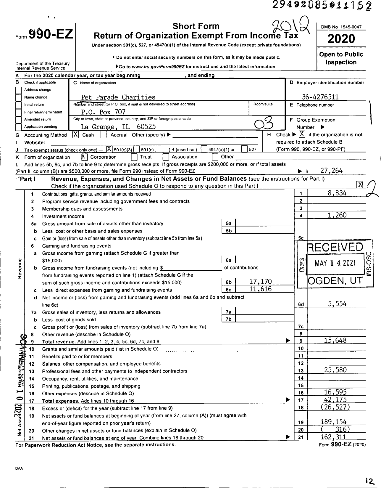 Image of first page of 2020 Form 990EZ for Pet Parade Charities