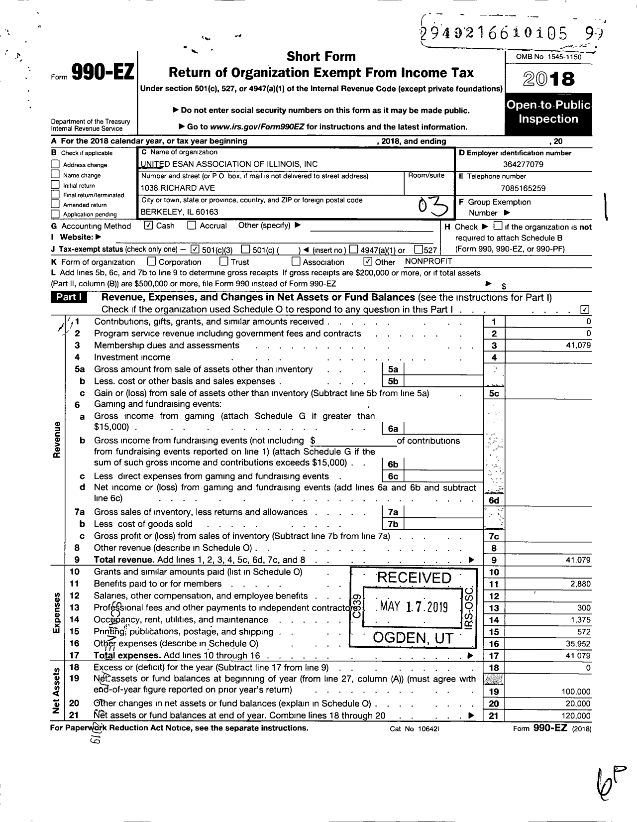 Image of first page of 2018 Form 990EZ for United Esan Association of Illinois