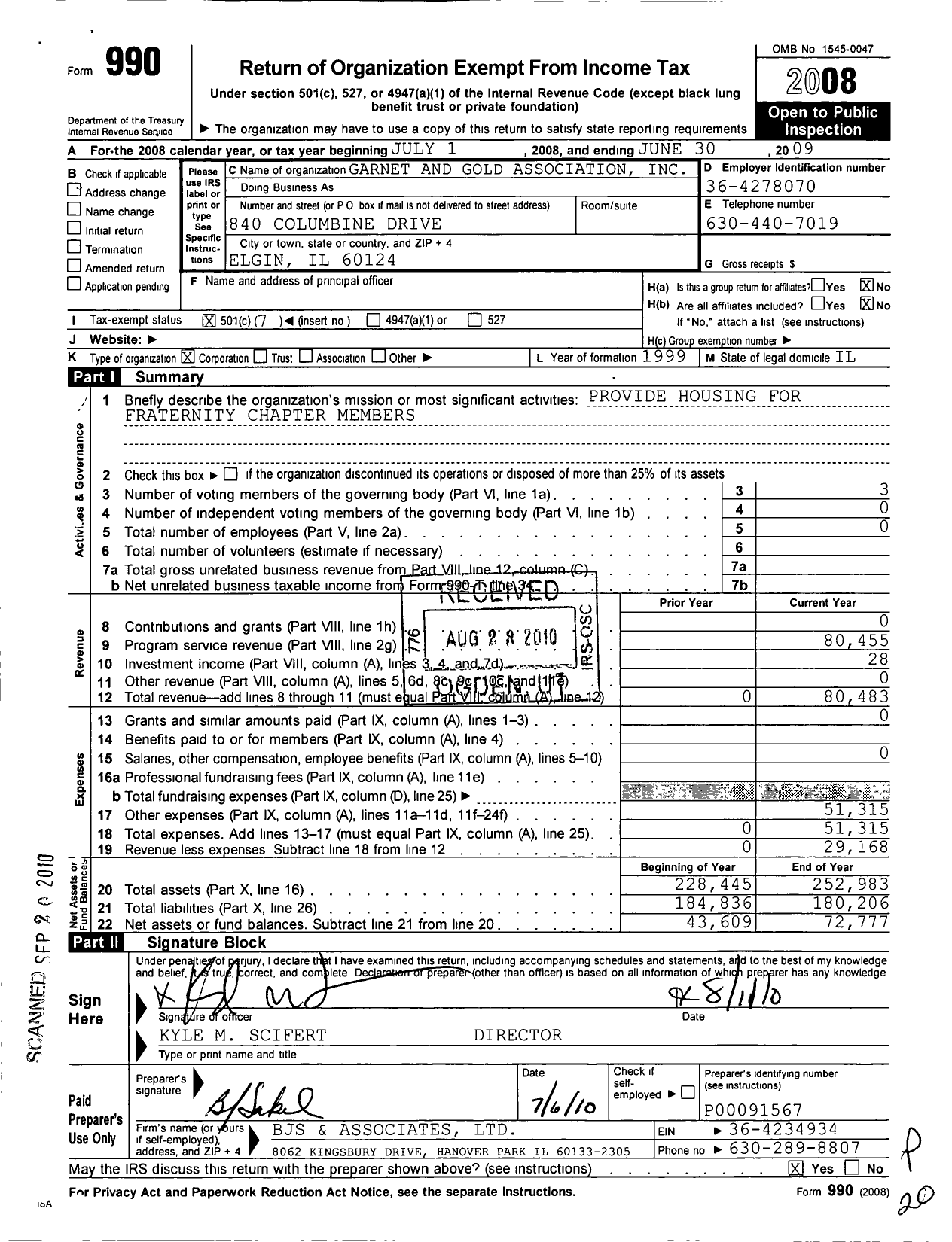 Image of first page of 2008 Form 990O for Pi Kappa Alpha Fraternity - Garnet& Gold Alumni Association