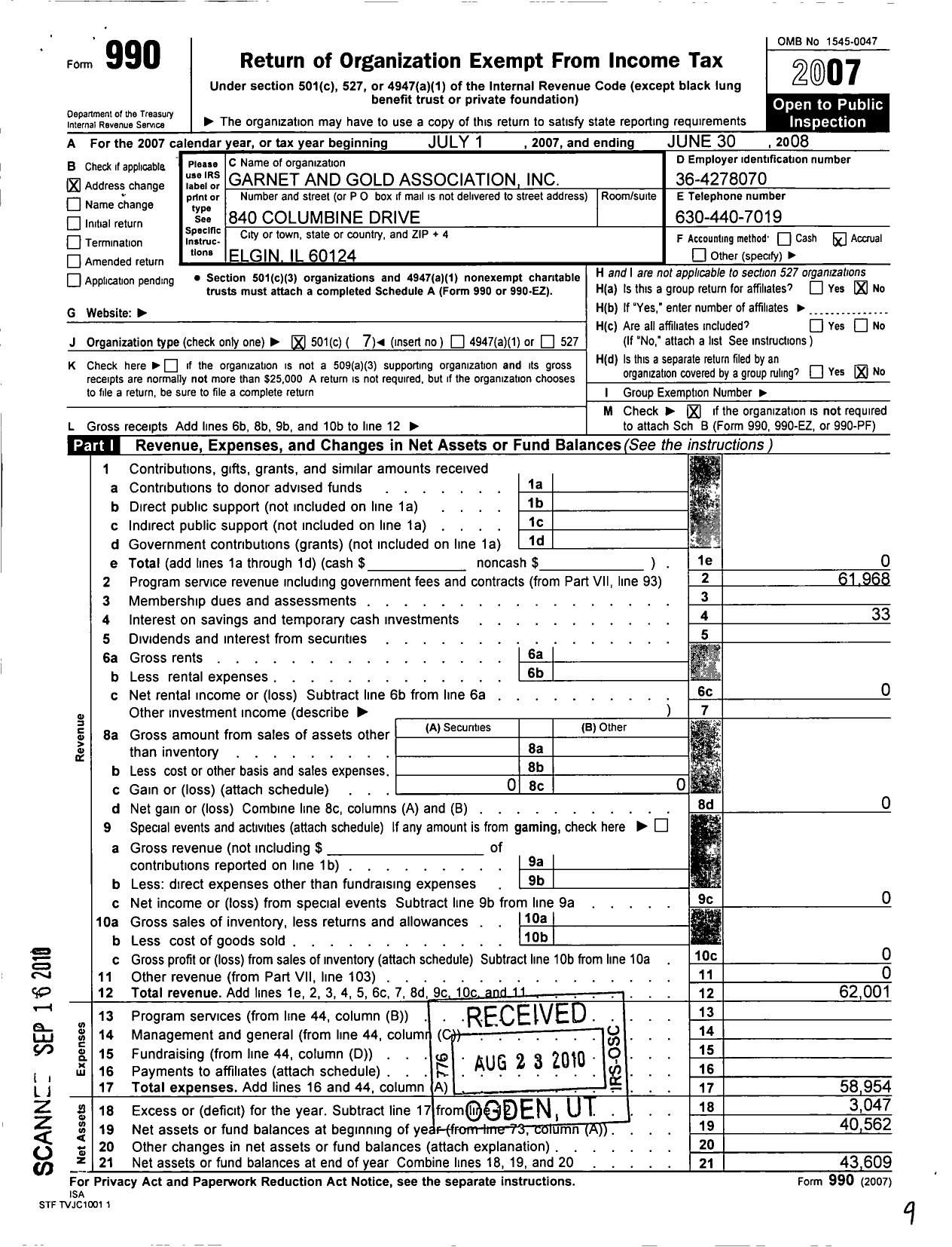 Image of first page of 2007 Form 990O for Pi Kappa Alpha Fraternity - Garnet& Gold Alumni Association