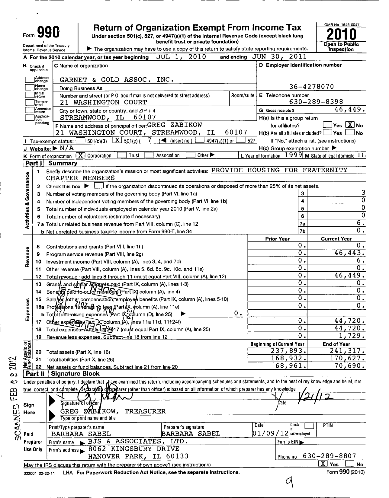 Image of first page of 2010 Form 990O for Pi Kappa Alpha Fraternity - Garnet& Gold Alumni Association