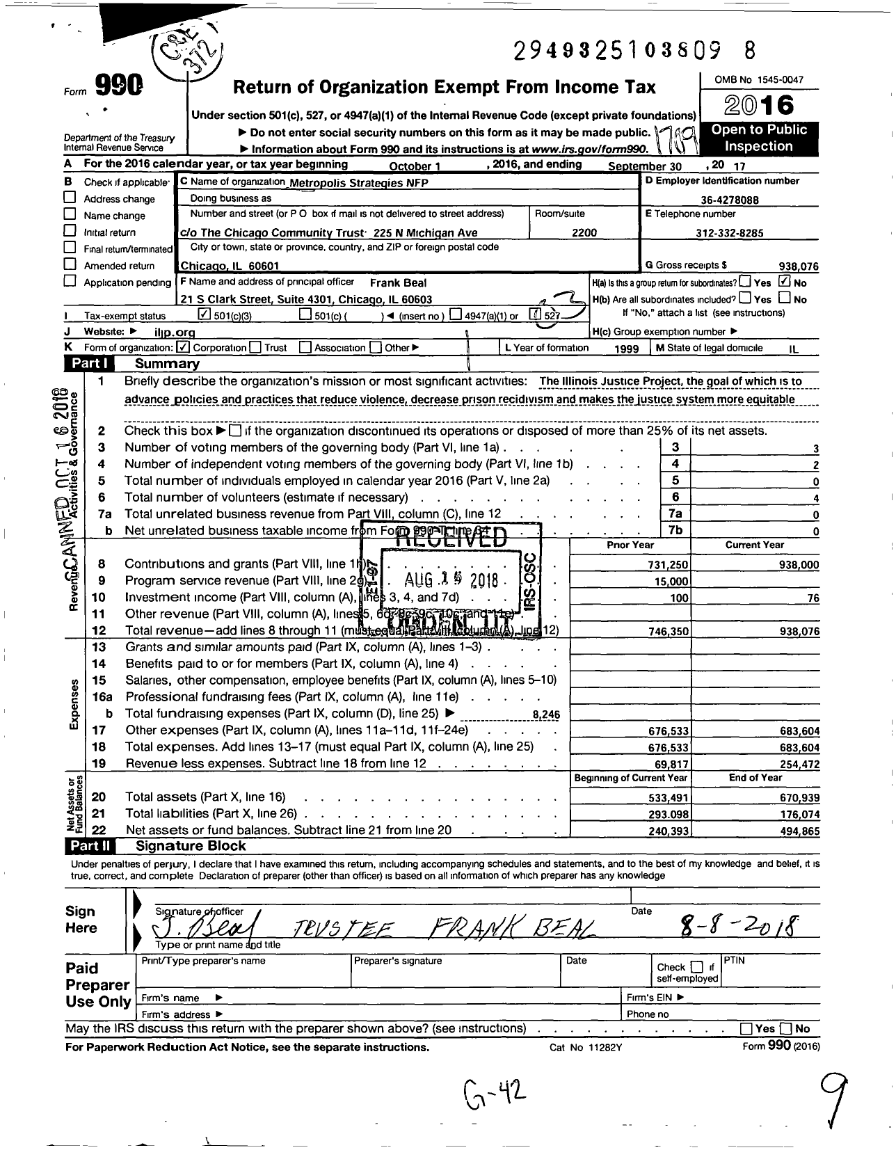 Image of first page of 2016 Form 990 for Illinois Justice Project