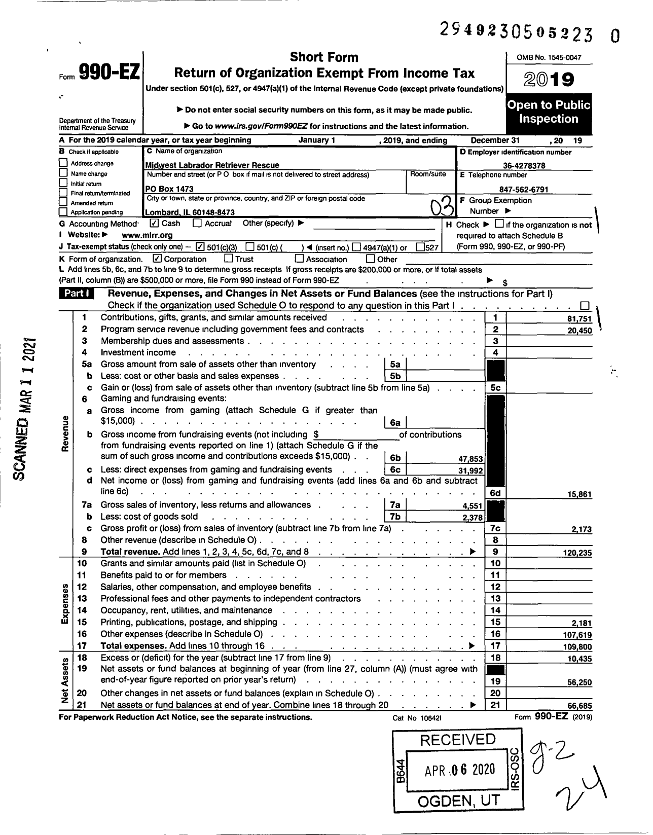 Image of first page of 2019 Form 990EZ for Midwest Labrador Retriever Rescue