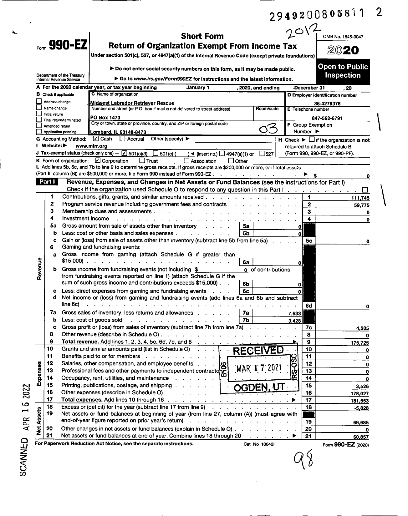 Image of first page of 2020 Form 990EZ for Midwest Labrador Retriever Rescue