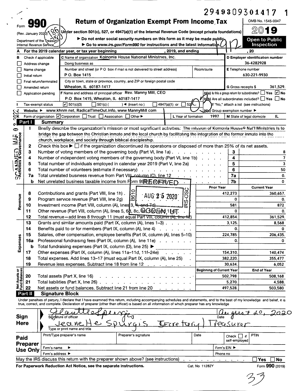 Image of first page of 2019 Form 990 for Koinonia House Ministries