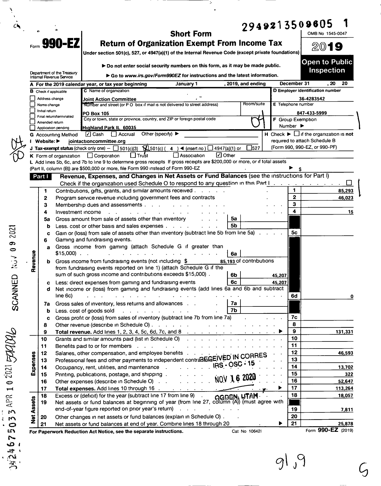 Image of first page of 2019 Form 990EO for Joint Action Committee