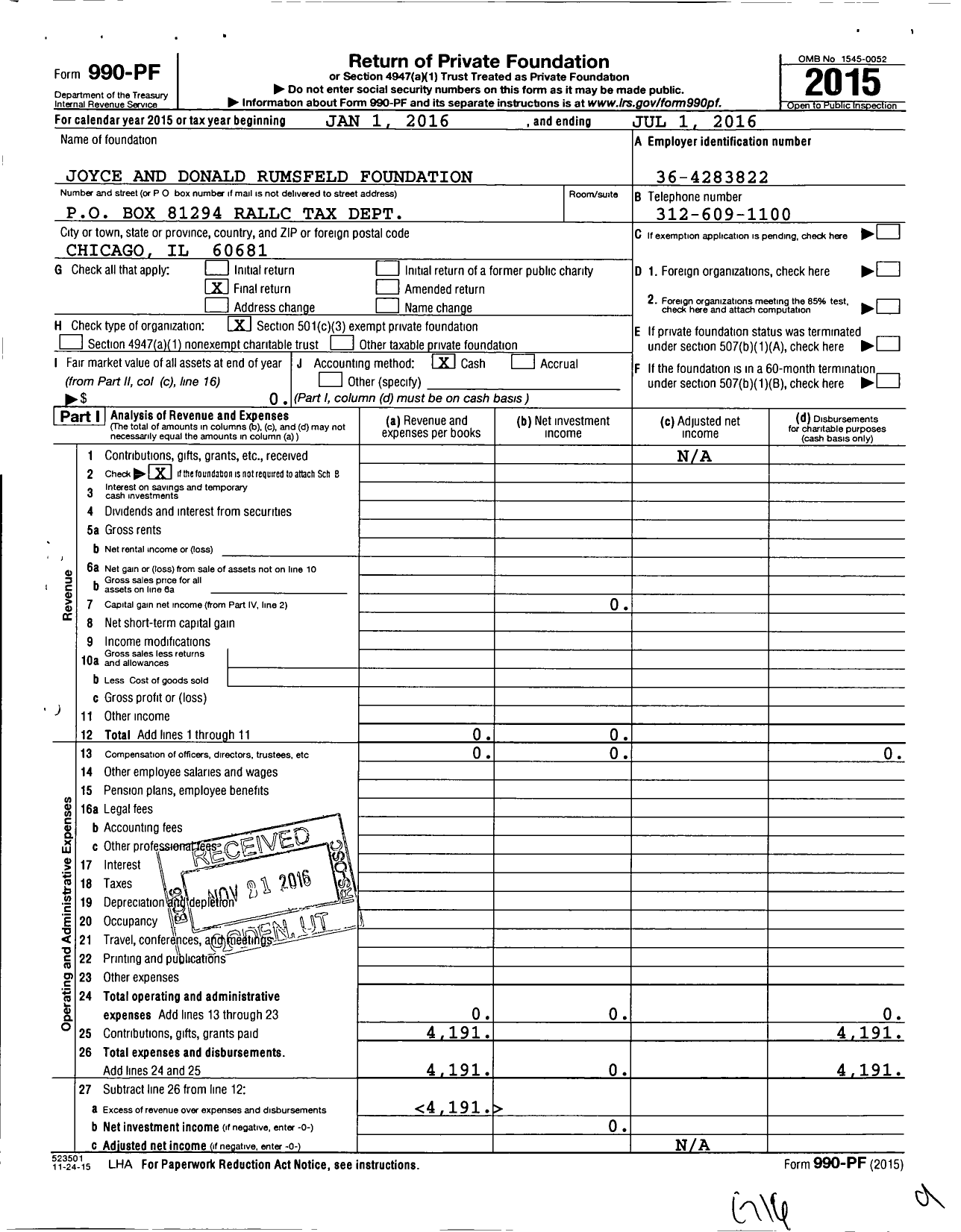 Image of first page of 2015 Form 990PF for Joyce and Donald Rumsfeld Foundation