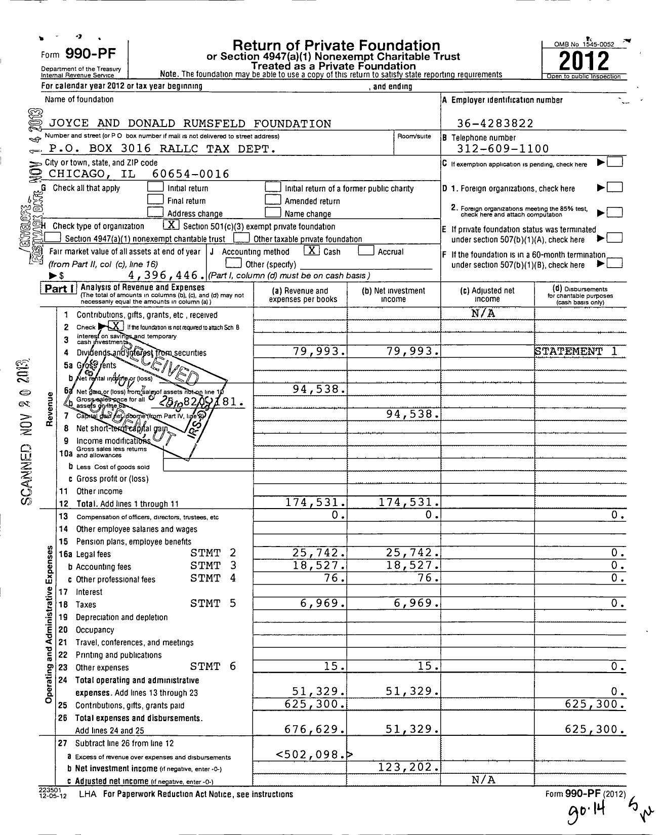 Image of first page of 2012 Form 990PF for Joyce and Donald Rumsfeld Foundation