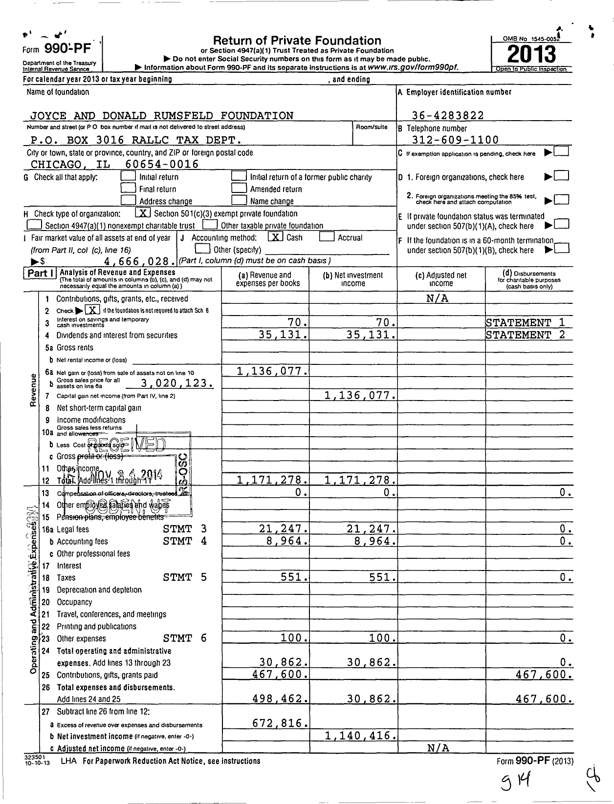 Image of first page of 2013 Form 990PF for Joyce and Donald Rumsfeld Foundation