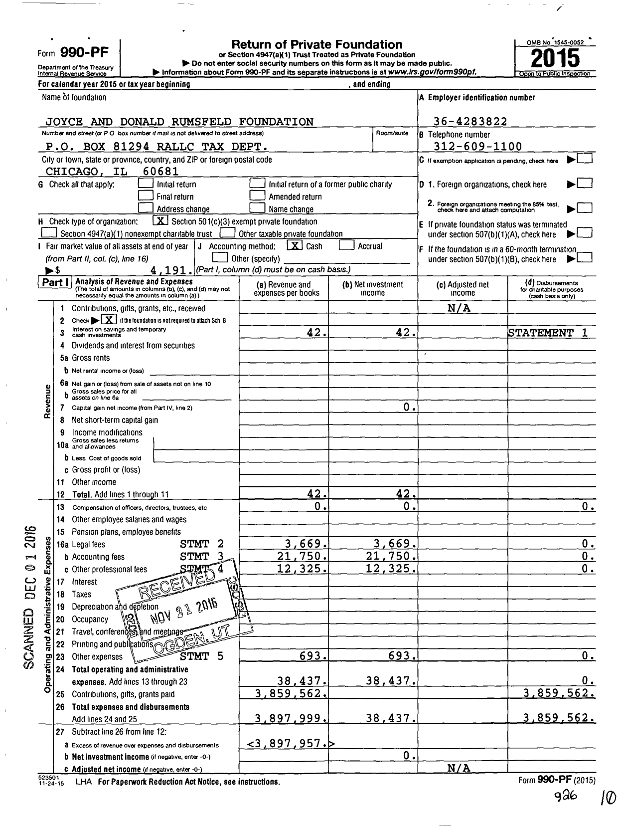 Image of first page of 2015 Form 990PF for Joyce and Donald Rumsfeld Foundation