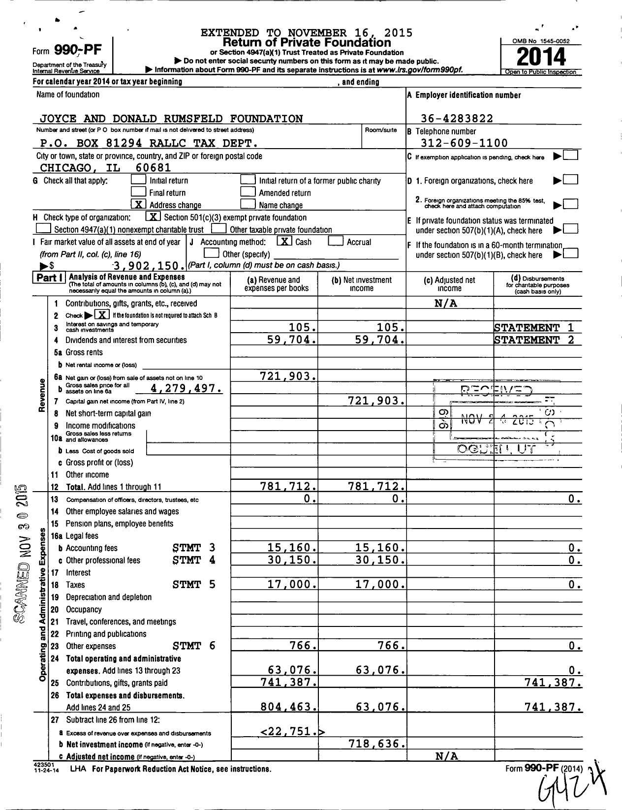 Image of first page of 2014 Form 990PF for Joyce and Donald Rumsfeld Foundation