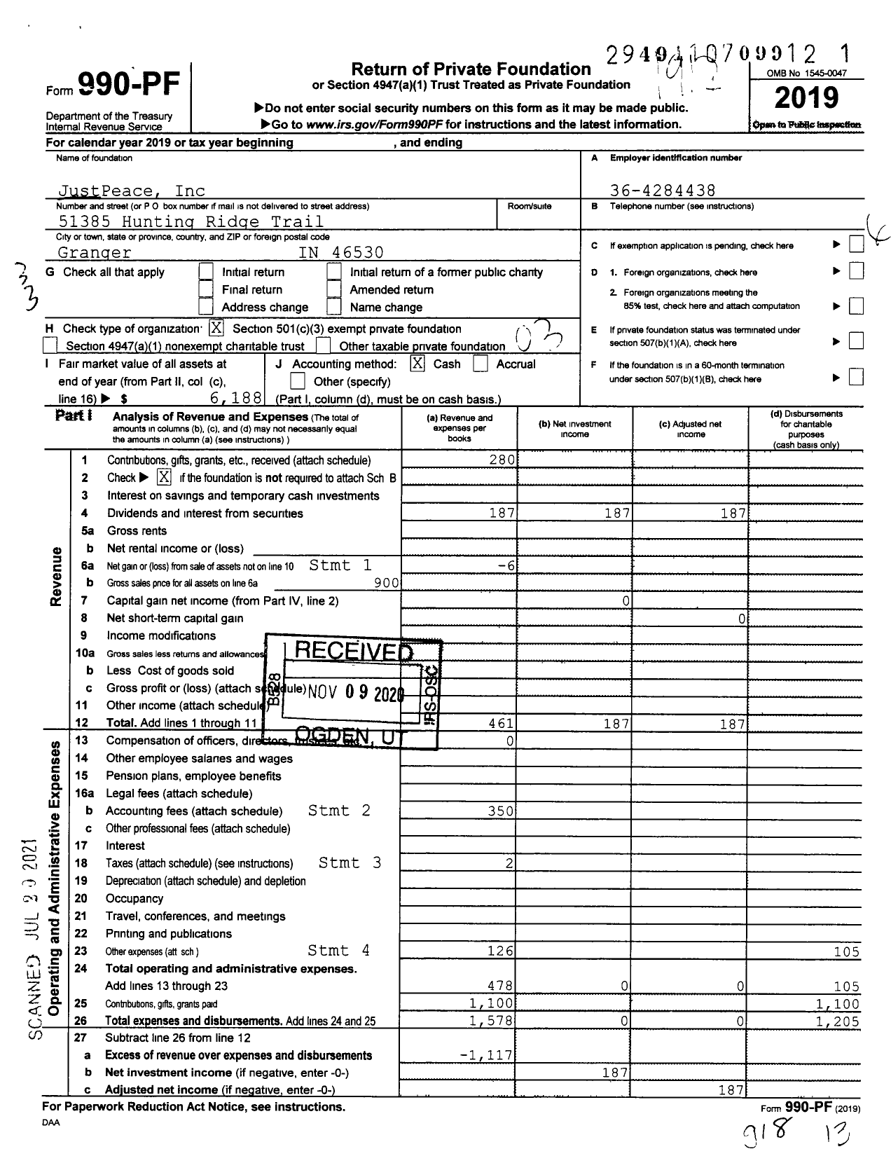 Image of first page of 2019 Form 990PF for Justpeace Peace