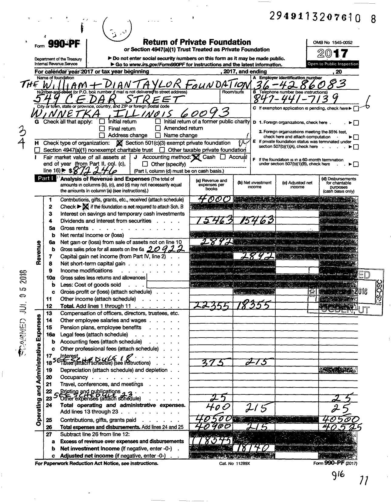 Image of first page of 2017 Form 990PF for The William and Dian Taylor Foundation