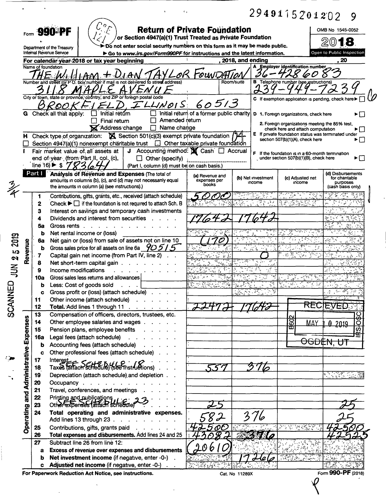 Image of first page of 2018 Form 990PF for The William and Dian Taylor Foundation