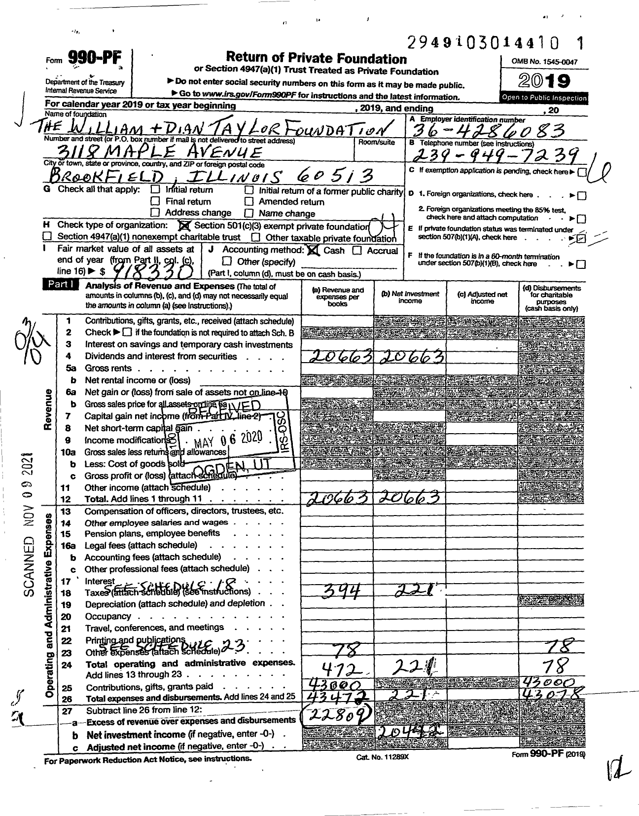 Image of first page of 2019 Form 990PF for The William and Dian Taylor Foundation